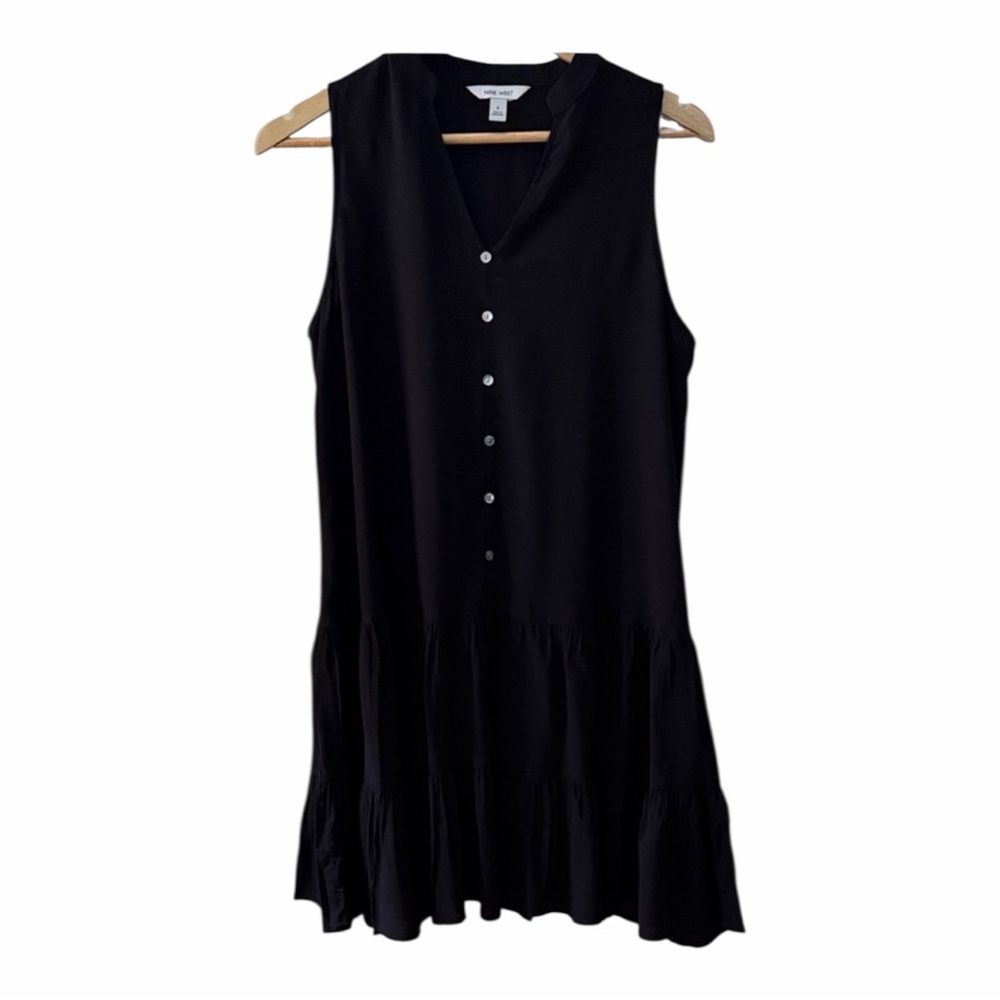 Nine West Black Sleeveless Button-Front Tiered Dress